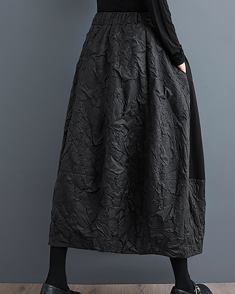 ellazhu Women's Skirt Loose Oversize Patchwork A-line High Elastic Waist Solid Side Pockets GZ657 Black
