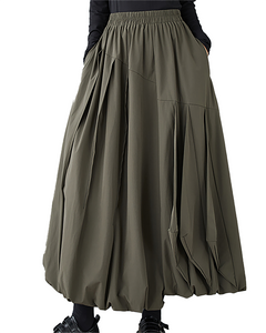 ellazhu Women's Skirt Bubble Loose Oversize Pleated A-line High Elastic Waist Solid Side Pockets GZ658 Army Green