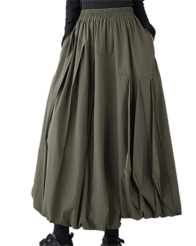 ellazhu Women's Skirt Bubble Loose Oversize Pleated A-line High Elastic Waist Solid Side Pockets GZ658 Army Green