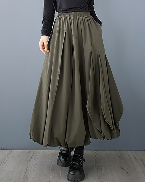 ellazhu Women's Skirt Bubble Loose Oversize Pleated A-line High Elastic Waist Solid Side Pockets GZ658 Army Green