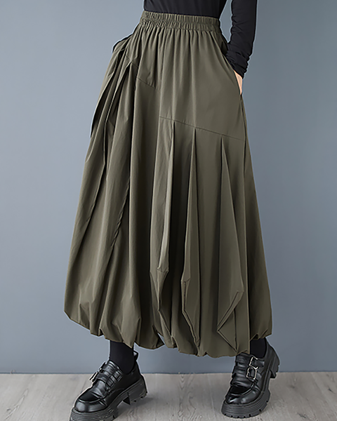 ellazhu Women's Skirt Bubble Loose Oversize Pleated A-line High Elastic Waist Solid Side Pockets GZ658 Army Green