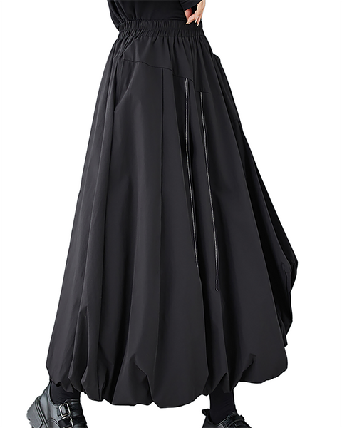 ellazhu Women's Skirt Bubble Loose Oversize Pleated A-line High Elastic Waist Solid Side Pockets GZ658 Army Green