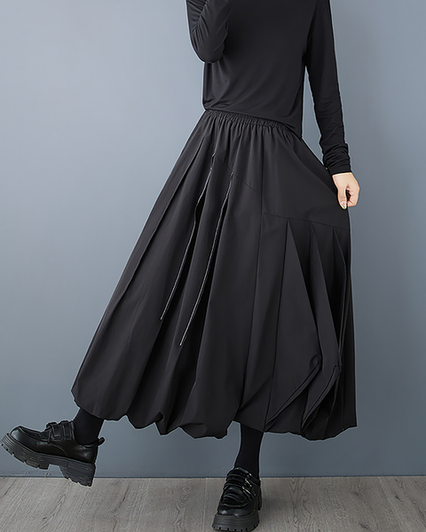 ellazhu Women's Skirt Bubble Loose Oversize Pleated A-line High Elastic Waist Solid Side Pockets GZ658 Army Green