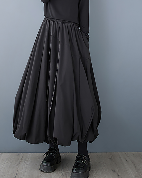 ellazhu Women's Skirt Bubble Loose Oversize Pleated A-line High Elastic Waist Solid Side Pockets GZ658 Army Green