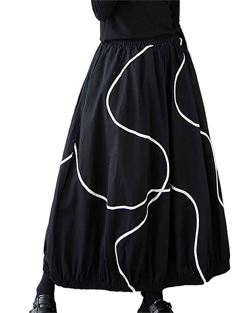 ellazhu Women's Skirt Bubble Loose Oversize Pleated High Elastic Waist Printed Side Pockets GZ659 Black
