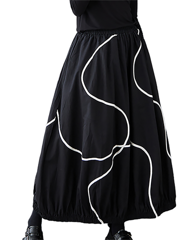 ellazhu Women's Skirt Bubble Loose Oversize Pleated High Elastic Waist Printed Side Pockets GZ659 Black