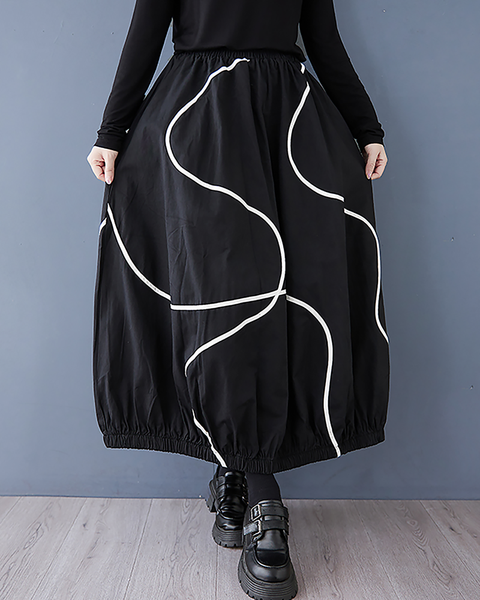 ellazhu Women's Skirt Bubble Loose Oversize Pleated High Elastic Waist Printed Side Pockets GZ659 Black