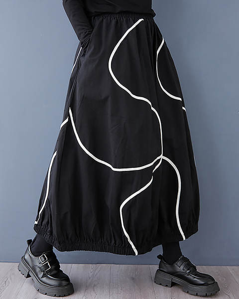 ellazhu Women's Skirt Bubble Loose Oversize Pleated High Elastic Waist Printed Side Pockets GZ659 Black