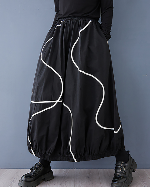 ellazhu Women's Skirt Bubble Loose Oversize Pleated High Elastic Waist Printed Side Pockets GZ659 Black