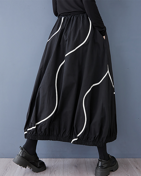 ellazhu Women's Skirt Bubble Loose Oversize Pleated High Elastic Waist Printed Side Pockets GZ659 Black