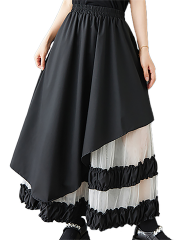 ellazhu Women's Skirt Loose Oversize Pleated High Elastic Waist Patchwork Mesh Side Pockets GZ660 Black