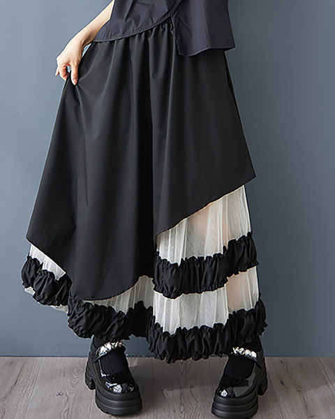 ellazhu Women's Skirt Loose Oversize Pleated High Elastic Waist Patchwork Mesh Side Pockets GZ660 Black