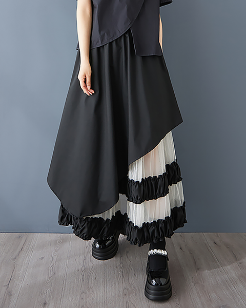 ellazhu Women's Skirt Loose Oversize Pleated High Elastic Waist Patchwork Mesh Side Pockets GZ660 Black