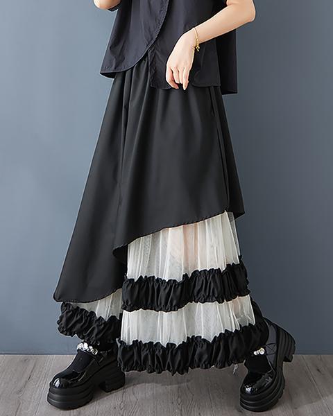 ellazhu Women's Skirt Loose Oversize Pleated High Elastic Waist Patchwork Mesh Side Pockets GZ660 Black
