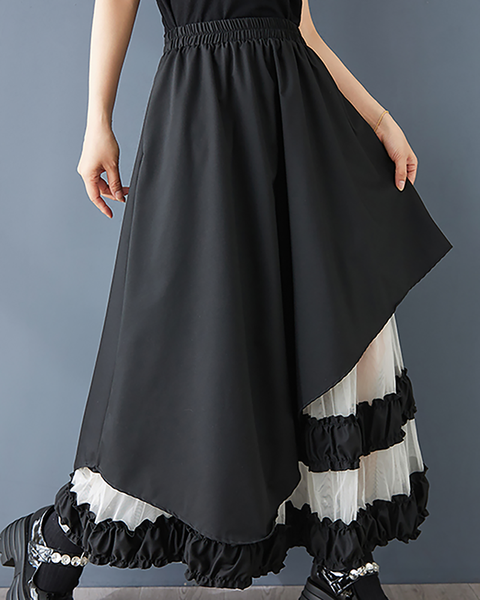 ellazhu Women's Skirt Loose Oversize Pleated High Elastic Waist Patchwork Mesh Side Pockets GZ660 Black