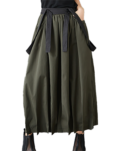 ellazhu Women's Skirt Suspender Loose Oversize Pleated High Elastic Waist Solid Side Pockets GZ661 Army Green