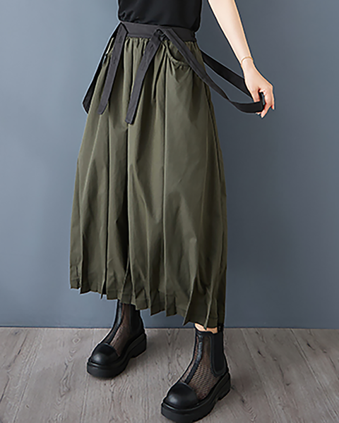 ellazhu Women's Skirt Suspender Loose Oversize Pleated High Elastic Waist Solid Side Pockets GZ661 Army Green