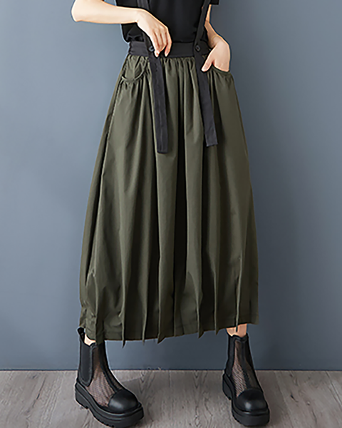 ellazhu Women's Skirt Suspender Loose Oversize Pleated High Elastic Waist Solid Side Pockets GZ661 Army Green