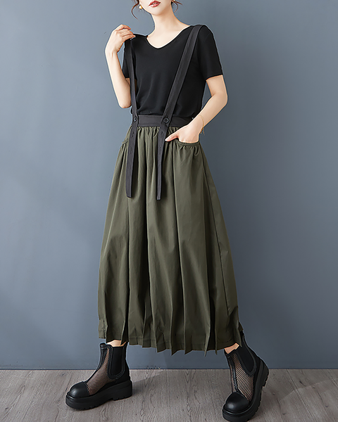 ellazhu Women's Skirt Suspender Loose Oversize Pleated High Elastic Waist Solid Side Pockets GZ661 Army Green
