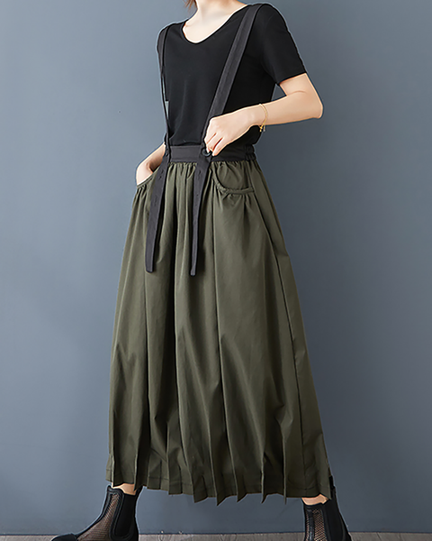 ellazhu Women's Skirt Suspender Loose Oversize Pleated High Elastic Waist Solid Side Pockets GZ661 Army Green
