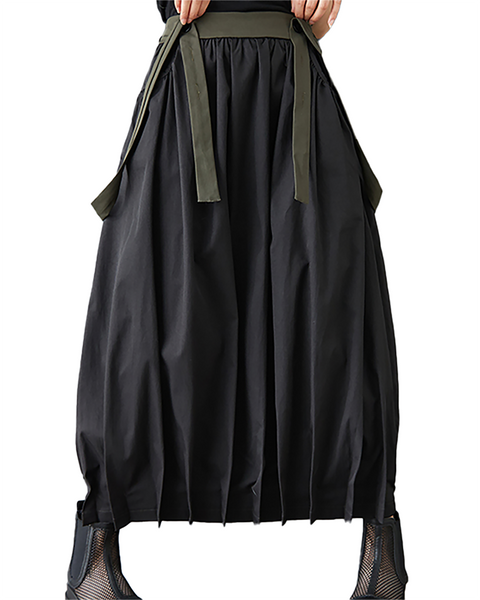 ellazhu Women's Skirt Suspender Loose Oversize Pleated High Elastic Waist Solid Side Pockets GZ661 Army Green