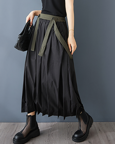 ellazhu Women's Skirt Suspender Loose Oversize Pleated High Elastic Waist Solid Side Pockets GZ661 Army Green