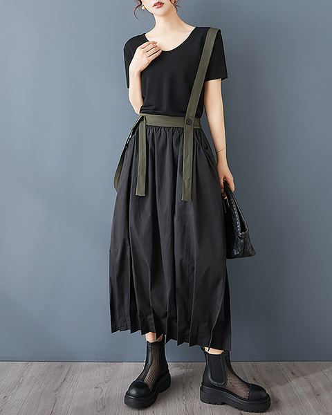 ellazhu Women's Skirt Suspender Loose Oversize Pleated High Elastic Waist Solid Side Pockets GZ661 Army Green