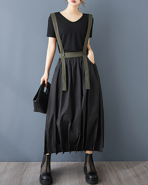 ellazhu Women's Skirt Suspender Loose Oversize Pleated High Elastic Waist Solid Side Pockets GZ661 Army Green