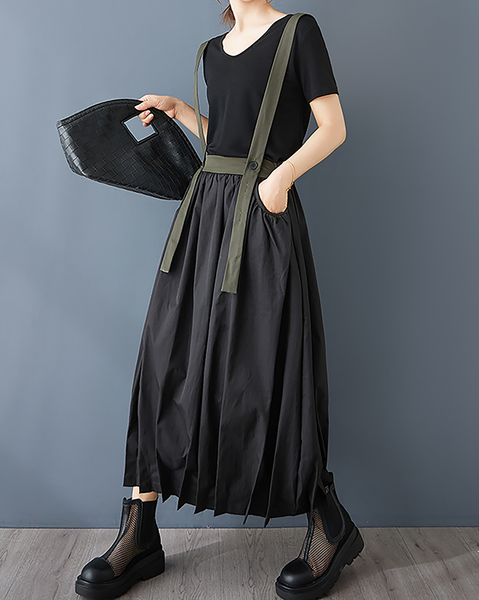 ellazhu Women's Skirt Suspender Loose Oversize Pleated High Elastic Waist Solid Side Pockets GZ661 Army Green