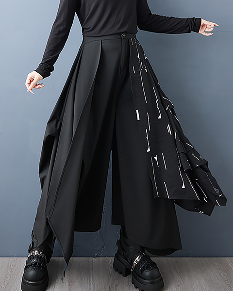 ellazhu Women's Pants Loose Irregular Wide Leg High Waist Patchwork Sweatpants Side Pockets GZ662 Black