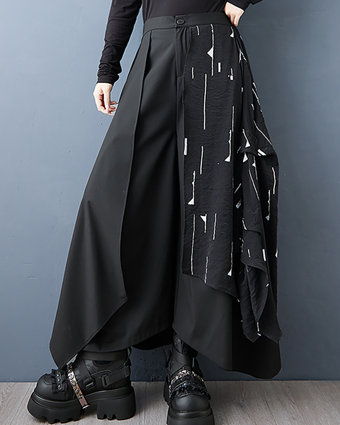 ellazhu Women's Pants Loose Irregular Wide Leg High Waist Patchwork Sweatpants Side Pockets GZ662 Black