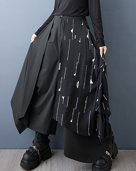 ellazhu Women's Pants Loose Irregular Wide Leg High Waist Patchwork Sweatpants Side Pockets GZ662 Black
