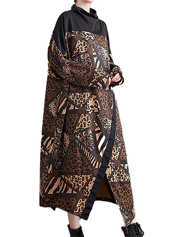 ellazhu Women's Dress Casual Mid Length Mock Neck Long Sleeve Oversize Printed Split Hem GZ663 Black