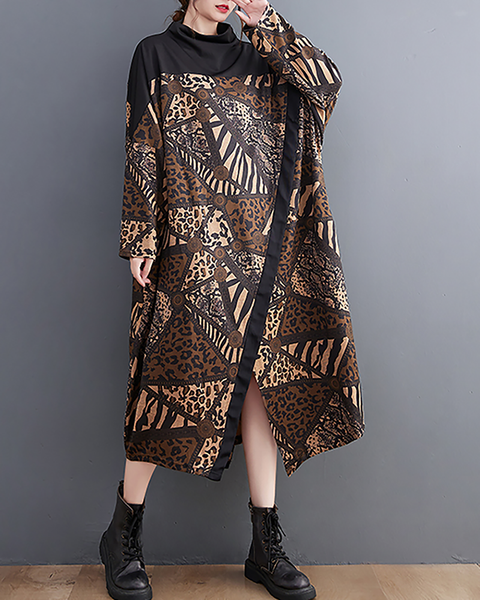 ellazhu Women's Dress Casual Mid Length Mock Neck Long Sleeve Oversize Printed Split Hem GZ663 Black