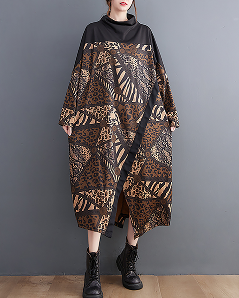 ellazhu Women's Dress Casual Mid Length Mock Neck Long Sleeve Oversize Printed Split Hem GZ663 Black