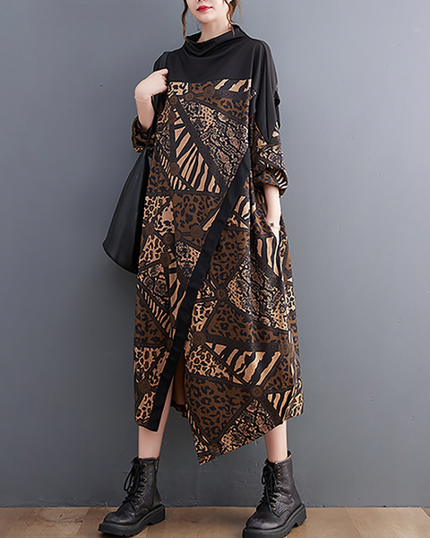 ellazhu Women's Dress Casual Mid Length Mock Neck Long Sleeve Oversize Printed Split Hem GZ663 Black
