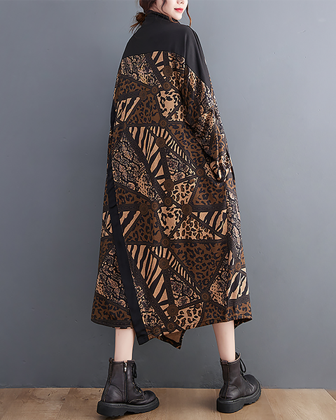 ellazhu Women's Dress Casual Mid Length Mock Neck Long Sleeve Oversize Printed Split Hem GZ663 Black