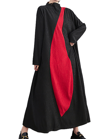ellazhu Women's Dress Casual Mock Neck Long Sleeve Oversize Patchwork Long Maxi Hem Side Pockets GZ664 Black
