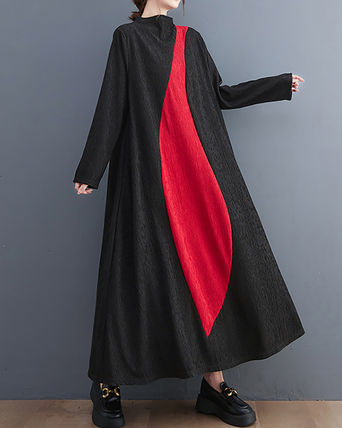 ellazhu Women's Dress Casual Mock Neck Long Sleeve Oversize Patchwork Long Maxi Hem Side Pockets GZ664 Black