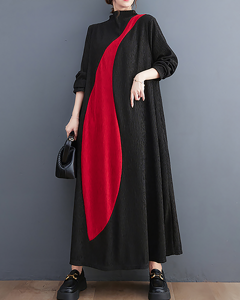 ellazhu Women's Dress Casual Mock Neck Long Sleeve Oversize Patchwork Long Maxi Hem Side Pockets GZ664 Black