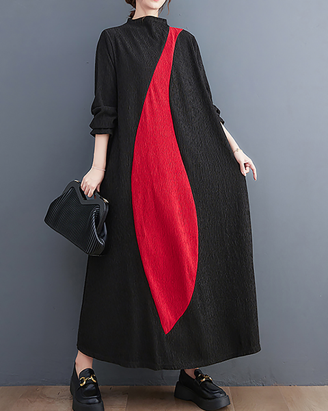ellazhu Women's Dress Casual Mock Neck Long Sleeve Oversize Patchwork Long Maxi Hem Side Pockets GZ664 Black