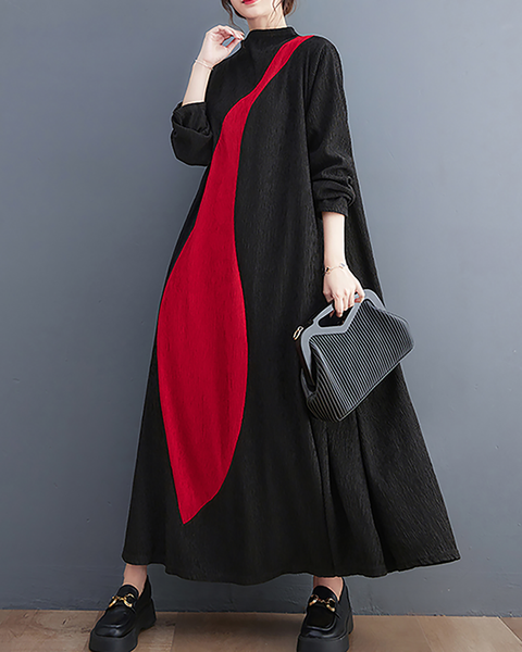 ellazhu Women's Dress Casual Mock Neck Long Sleeve Oversize Patchwork Long Maxi Hem Side Pockets GZ664 Black