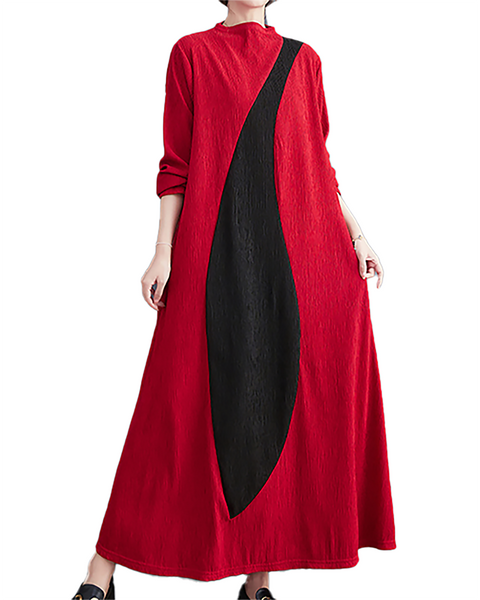 ellazhu Women's Dress Casual Mock Neck Long Sleeve Oversize Patchwork Long Maxi Hem Side Pockets GZ664 Black