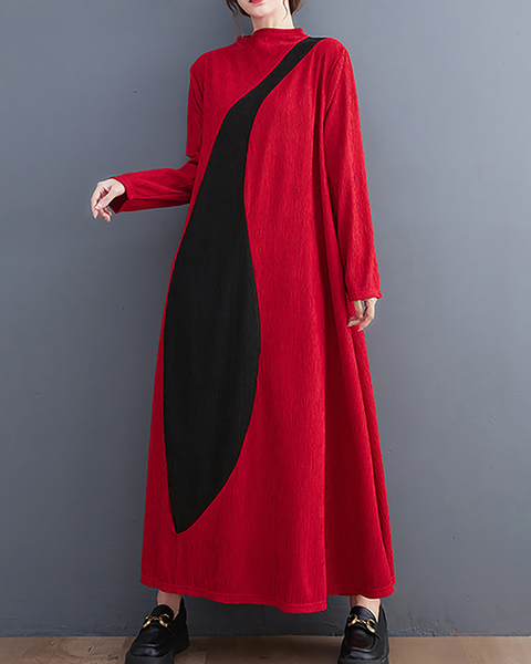 ellazhu Women's Dress Casual Mock Neck Long Sleeve Oversize Patchwork Long Maxi Hem Side Pockets GZ664 Black