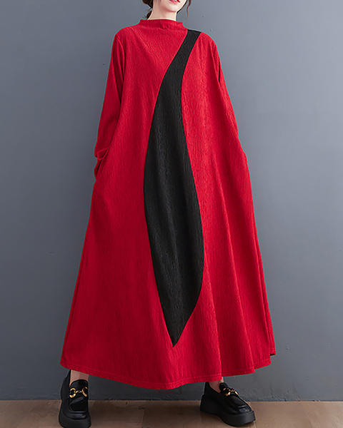 ellazhu Women's Dress Casual Mock Neck Long Sleeve Oversize Patchwork Long Maxi Hem Side Pockets GZ664 Black
