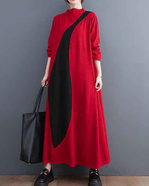 ellazhu Women's Dress Casual Mock Neck Long Sleeve Oversize Patchwork Long Maxi Hem Side Pockets GZ664 Black