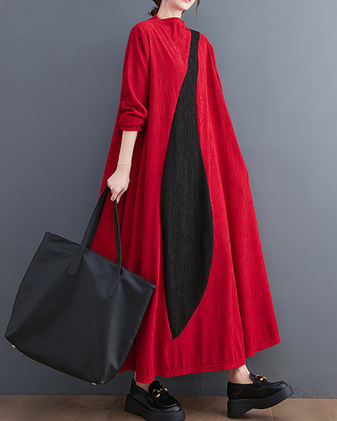 ellazhu Women's Dress Casual Mock Neck Long Sleeve Oversize Patchwork Long Maxi Hem Side Pockets GZ664 Black