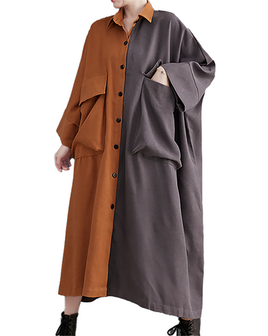 ellazhu Women's T-Shirt Dress Casual Button Down Lapel Long Sleeve Oversize Patchwork Long Maxi Hem Side Pockets GZ665 Orange Grey