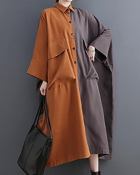 ellazhu Women's T-Shirt Dress Casual Button Down Lapel Long Sleeve Oversize Patchwork Long Maxi Hem Side Pockets GZ665 Orange Grey