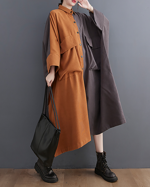 ellazhu Women's T-Shirt Dress Casual Button Down Lapel Long Sleeve Oversize Patchwork Long Maxi Hem Side Pockets GZ665 Orange Grey